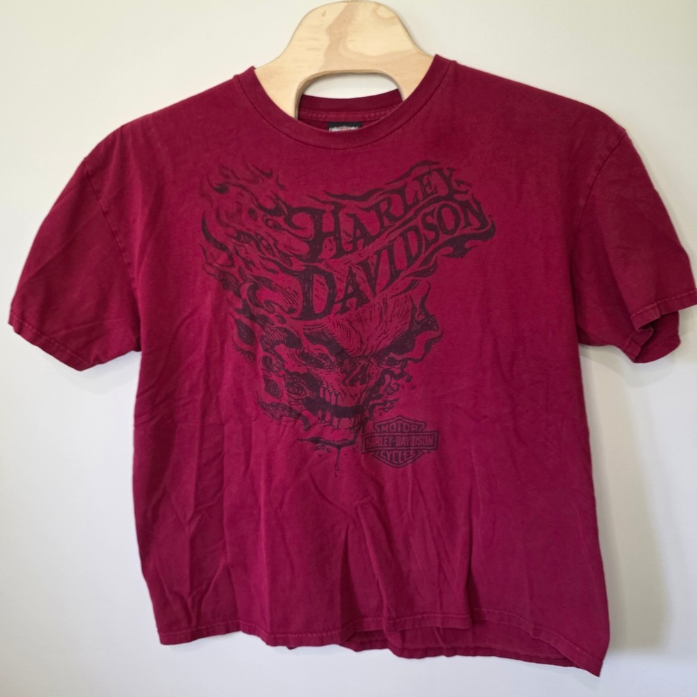 Harley Davidson T-Shirt Mens 2XL Maroon Skull Flame Bald Eagle Marquette MI 2012